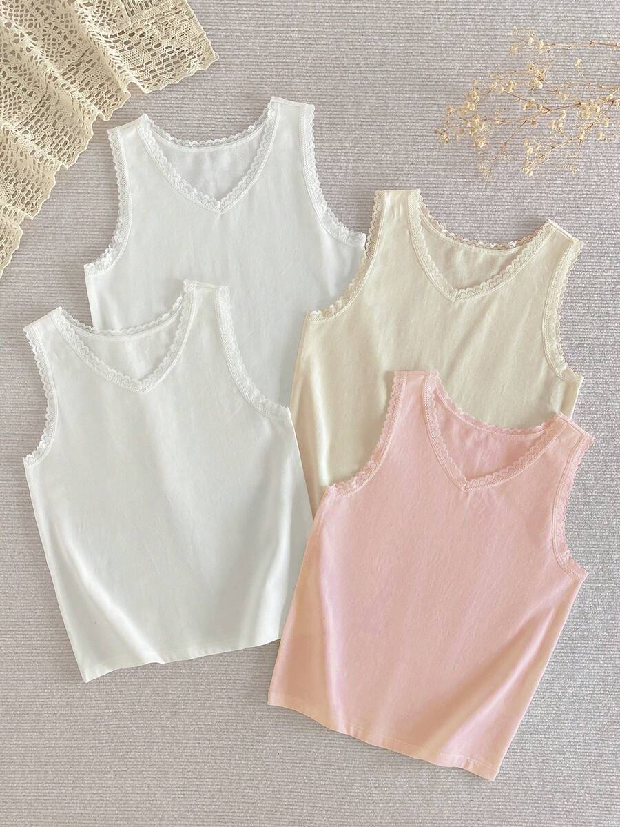 Set de 4 camisetas de tirantes de cuello en V de unicolor para niñas preadolescentes - Multicolor - Ver 1