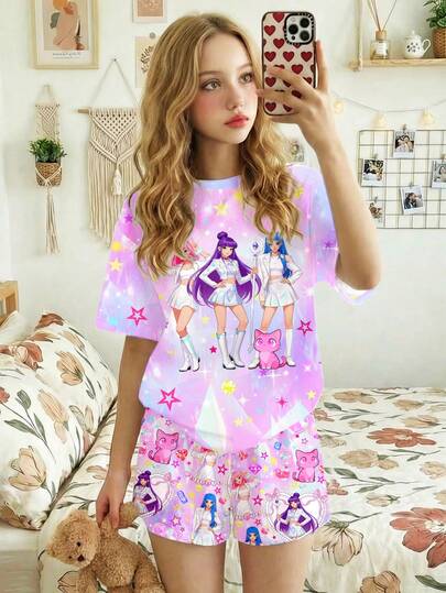 少女卡通星星印花圆领短袖上衣和短裤休闲家居服睡衣套装，适合夏季穿着