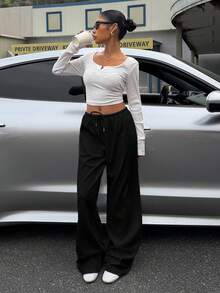 Muchica Pantalones de chándal de pierna ancha de punto negro para mujer - Negro - Ver 4