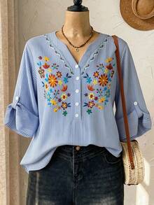 Rusticease Camisa de mujer de talla grande con estampado floral y de rayas de manga 3/4 para principios de primavera - Multicolor - Ver 3