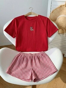 SHEIN EZwear 2件套春夏刺绣可爱短袖T恤和格子短裤休闲家居服，大码 - 紅色 - 查看 4