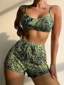 Swim Lushoire 3件套女士泳衣套装，深绿色椰子树印花，植物图案印花，成熟风格泳衣套装，含网纱印花短裤和吊带背心式上衣，女士夏季两件套服装，女士夏季两件套服装，女士度假套装 - 軍綠色 - 查看 3