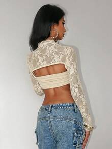 Jeanoix 女士蕾丝面料性感大胆前卫衬衫 - 杏色 - 查看 2