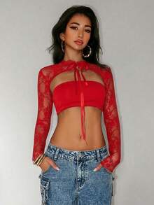 SHEIN Unity Áo kiểu nữ bằng vải ren, gợi cảm, táo bạo, mang phong cách avant-garde. - Đỏ - Xem 5