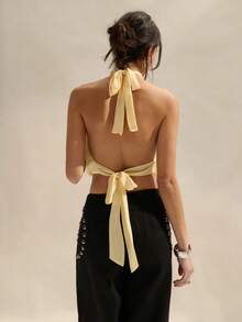 Easelle Women's Pale Yellow,Summer,Seksi Chic,Brunch Backless Halter Top Rivet Decor Casual Versatile Scarf Top Tie Back Open Back Shirts For Women - Yellow - View 2