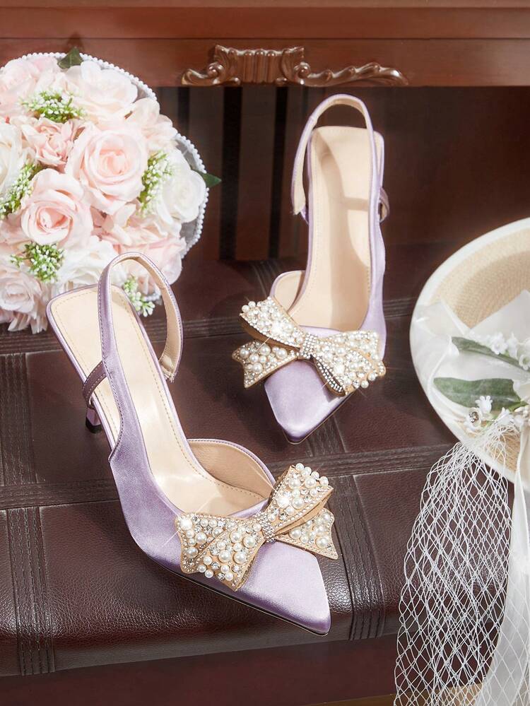 CUCCOO HITCHD Women's High Heel Pumps, Elegant And Noble Pointed Toe With Crystal Bowknot, Light Purple Satin Wedding Bridal Shoes, Bridesmaid Shoes, Party Shoes