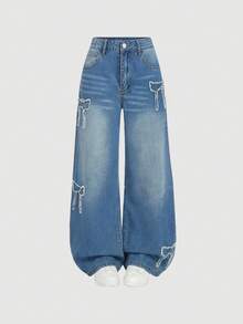 SHEIN MOD 女士口袋纽扣贴片休闲百搭日常穿着阔腿牛仔裤 - 藍色 - 查看 1