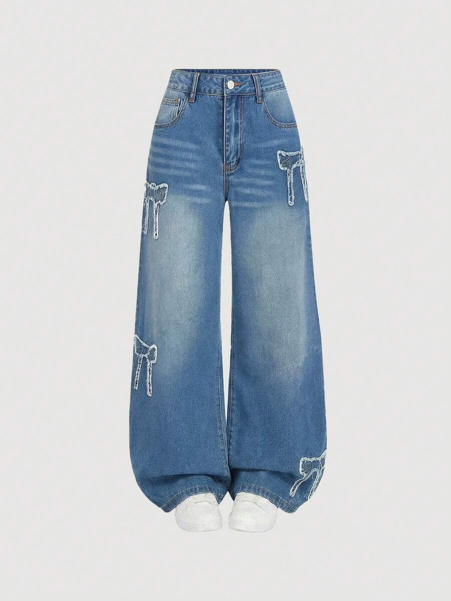 SHEIN MOD 女士口袋纽扣贴片休闲百搭日常穿着阔腿牛仔裤 - 藍色 - 查看 1