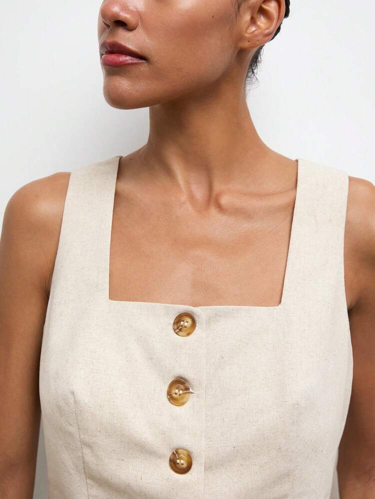 SHEIN Maija Women's Summer Casual Beige Blazer Vest,Front Button Square Collar Thin Top For Bissness Commuter,Beach Holiday Outfit,Graduation Vacation Outfits