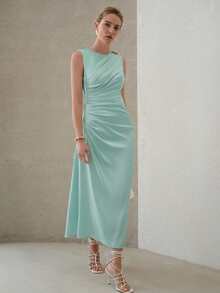 MOTF PREMIUM ELEGANT BUTTERFLY METAL DECOR RUCHED MIDI DRESS, SUITABLE FOR DATES AND EVERYDAY WEAR - Mint Blue - View 5
