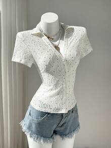 Women's Casual Commuter Shirt, Waist Cinched, Textured Knit Fabric, Polka Dot Wide Leg Jeans Eyelet Blouse Button Up Blouse Eyelet Top Button Up Top - Apricot - View 5