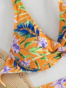 Swim Lushoire Bộ bikini nữ họa tiết nhiệt đới, kiểu vặn xoắn phía trước, thích hợp cho kỳ nghỉ biển. - trái cam - Xem 4