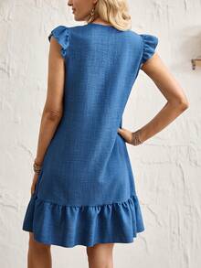 Florisole 女士休闲度假风V领荷叶边短袖连衣裙，蓝色 - 藍色 - 查看 2