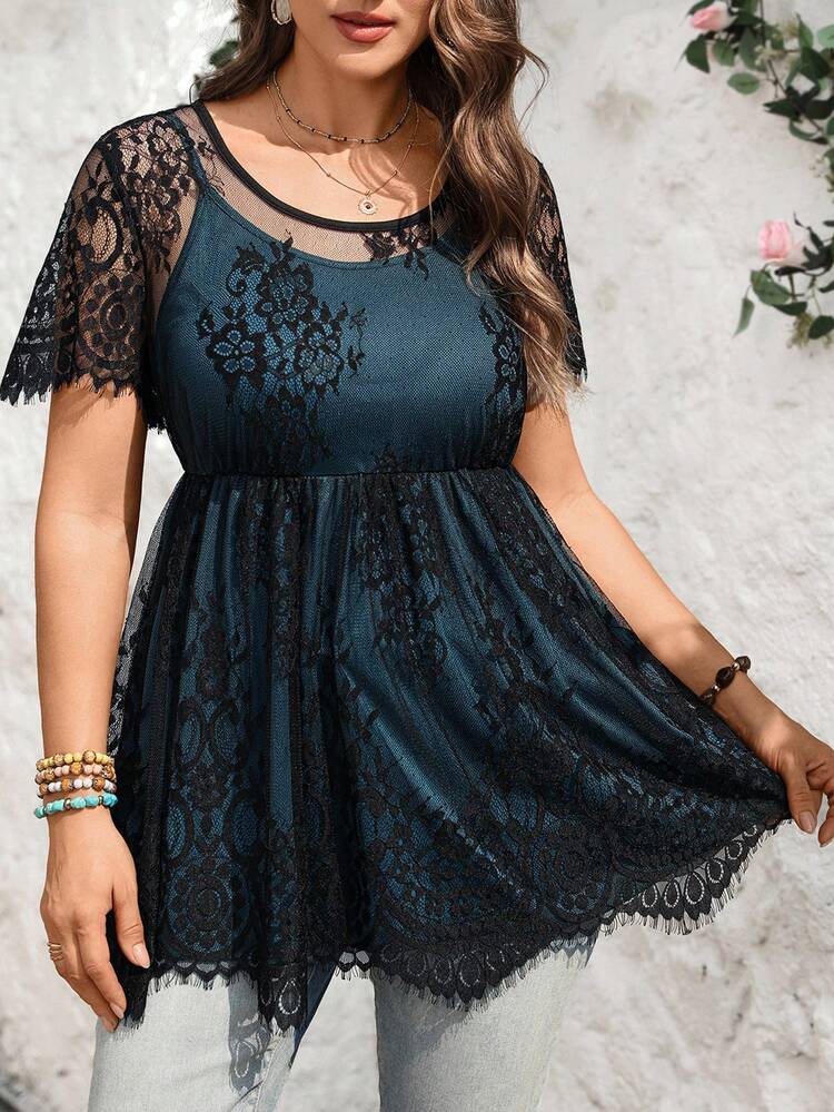 Plus Size Women's Sheer Floral Lace Peplum Top Short Raglan Sleeve Scoop Neck Casual Flared Long Blouse