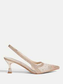 CUCCOO TILAWA Giày nữ, giày thời trang nữ mũi nhọn màu sâm panh đính đá, phối lưới, thời trang dự tiệc, ăn tối, lộng lẫy, gợi cảm, giày cao gót hở gót cho nữ. - Rượu sâm banh - Xem 2