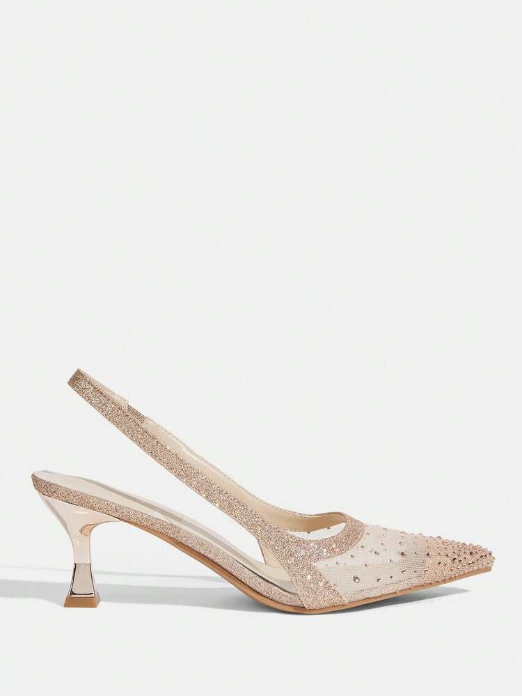 CUCCOO TILAWA Women Shoes Women's Fashion Pointed Champagne Rhinestone Mesh Splicing Fashion Party Dinner Gorgeous Sexy Kitten And Women's High Heel Shoes Slingback Shoes