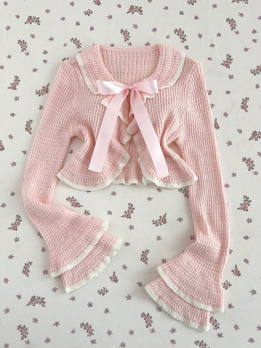 Elamini 女士粉色荷叶边蝴蝶结前襟长袖开衫，春夏百搭 - 粉色 - 查看 1