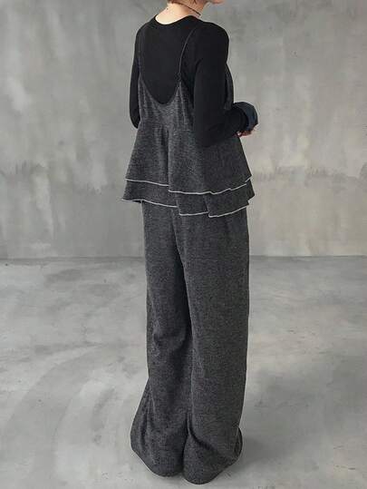 FRIFUL Women's Spaghetti Strap Loose Wide Leg Jumpsuit With Frill Trim