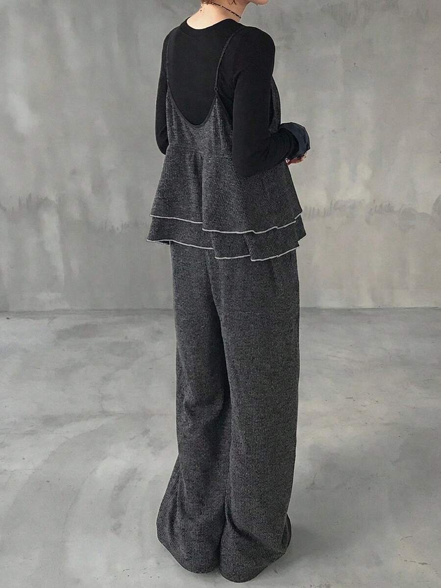 FRIFUL 女士吊带宽松阔腿连体裤,荷叶边装饰,夏季连体裤,女士休闲套装 - 深灰色 - 查看 1
