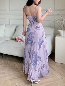 Modelyn 女士网纱印花吊带荷叶边腰身夏季休闲连衣裙 - 淡紫色 - 查看 2