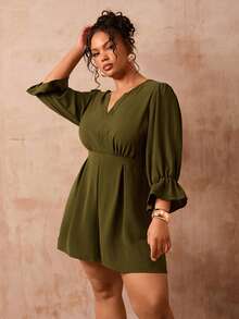 Veslaya Plus Size Women Olive Green Autumn Jumpsuit,V-Neck Puff Sleeve Elastic Waist Woven Fabric Romper,Smart Casual Everyday Commute Elegant Business Outfit - Army Green - View 7