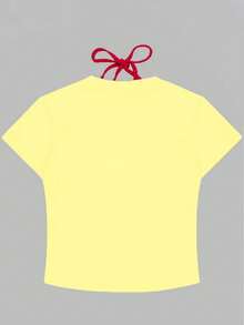 Glimmora Áo thun ngắn tay cổ tròn thắt nơ phía trước in họa tiết da báo và ngôi sao - Màu vàng - Xem 2