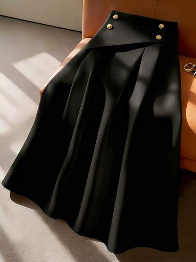 Franclia Black A-Line Skirt With Gold Buttons, Vintage Elegant. Fabric With Drape, Silhouette Flattering And Slimming. Suitable For Commute, Casual Outing, And Party Occasions.