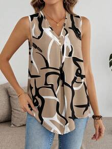 EMERY ROSE Elegant Abstract Line Print Khaki V-Neck Sleeveless Shirt, Plus Size, Suitable For Summer - Multicolor - View 7