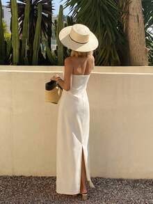 DAZY Solid Color Waist-Cinched Dress With Bow Decor, Elegant Summer Long Dress For Women Sundress - Apricot - View 2