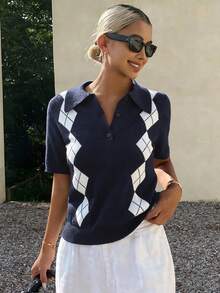 DAZY 撞色提花格纹 Polo 领短袖休闲复古针织女式上衣，适合秋夏季穿着 - 藏蓝色 - 查看 1