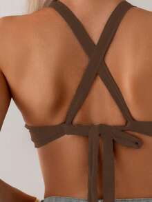 SHEIN Swim 女士纯色交叉后背带简约休闲比基尼上衣 - 棕色 - 查看 5