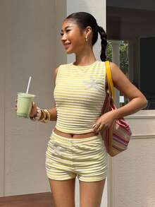 Muchica 女士黄色条纹针织背心和短裤两件套 - 黃色 - 查看 3