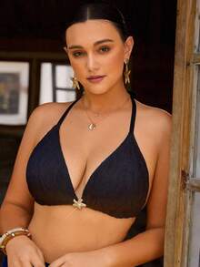 Swim Chiccia Plus Size Women Solid Color Halter Neck 3-Triangle Bikini Top Beach Vacation White Summer - Black - View 1