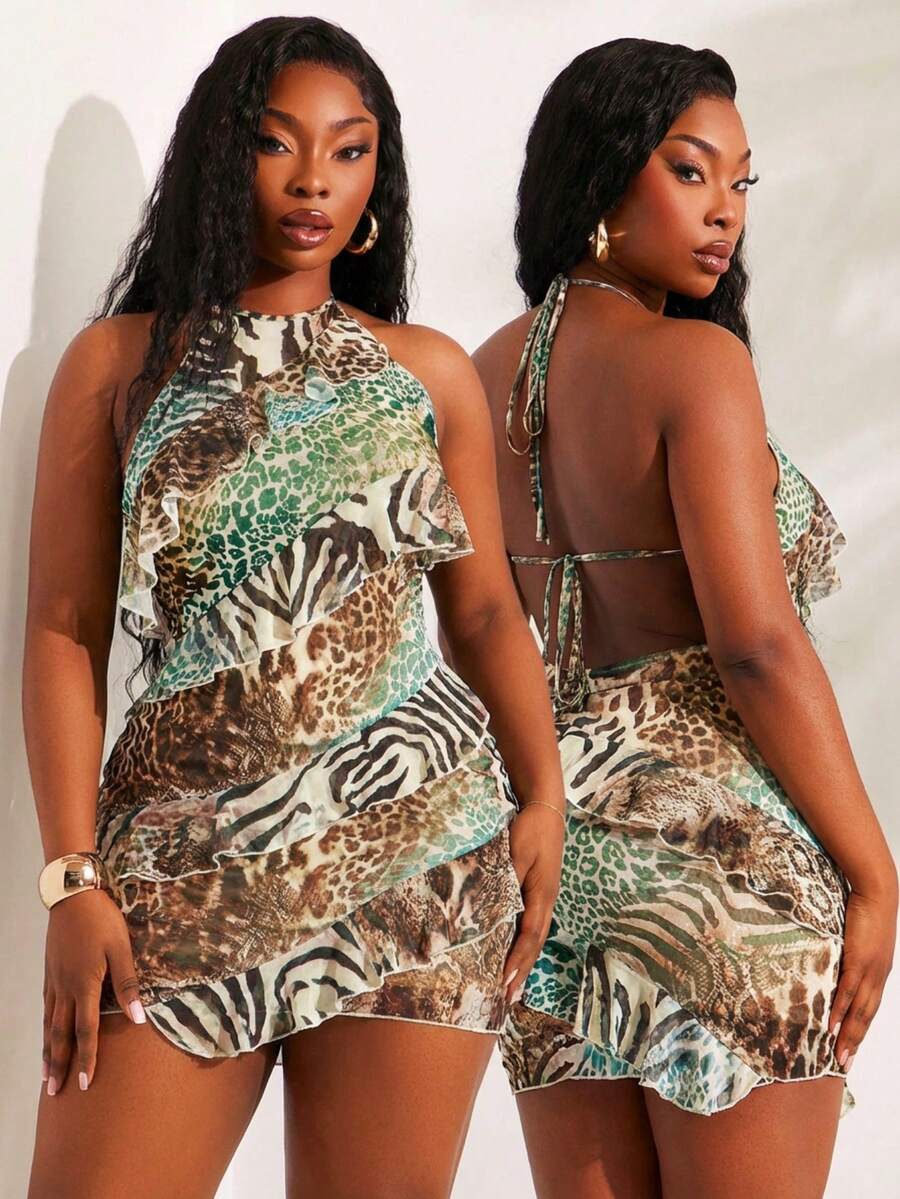 SHEIN SXY 大码女式豹纹斑马纹荷叶边下摆时尚派对连衣裙 - 彩色 - 查看 1