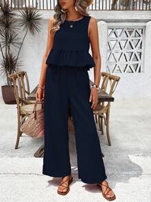 Breezaya Bộ đồ nữ trơn màu gồm áo cổ tròn xếp ly và quần ống rộng, kiểu dáng thường ngày. - Xanh đậm - Xem 3