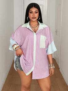 Maweii Women's Casual Loose Fit Colorful Striped Print Short Sleeve Shirt,Plus Size Elegant Smart Casual Pink Autumn Vacation Top,Fashionable Beach - Multicolor - View 2