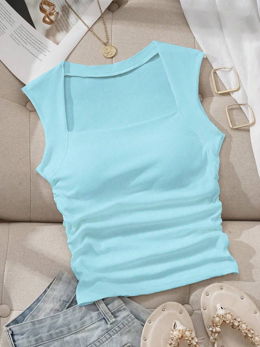 SHEIN EZwear 女士纯色褶皱修身休闲衬衫 - 彩色 - 查看 1