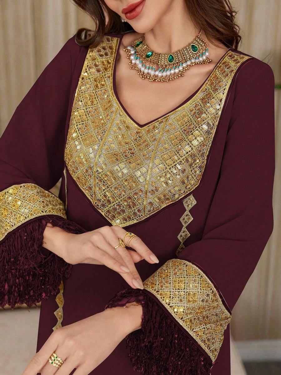 Al Najma Đầm nữ thanh lịch, sang trọng, cổ điển, đính sequin, thêu, họa tiết hoa, phối màu trơn, có tua rua. - Màu Đỏ Sâu - Xem 1