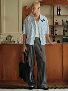 SWAVVY Pantalones casuales anchos con pliegues y rayas para hombres - Gris Oscuro - Ver 4