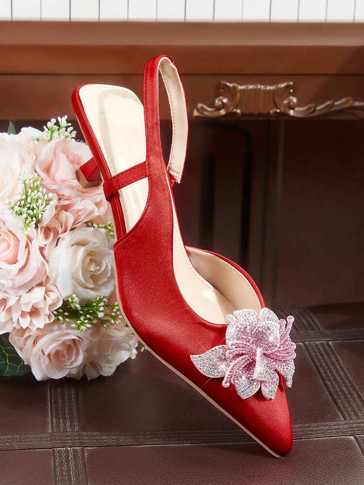 CUCCOO HITCHD Women's High Heel Pumps, Elegant & Graceful Pointed Toe, Pink Crystal Floral Decor, Red Satin Wedding Bridal Shoes, Bridesmaid Shoes, Party Event Open Toe Heels