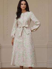 BELROSIE Textured Burn-Out Raised Embossed Decor Round Neck Belted Dress With Button Trim - Baby Pink - View 4