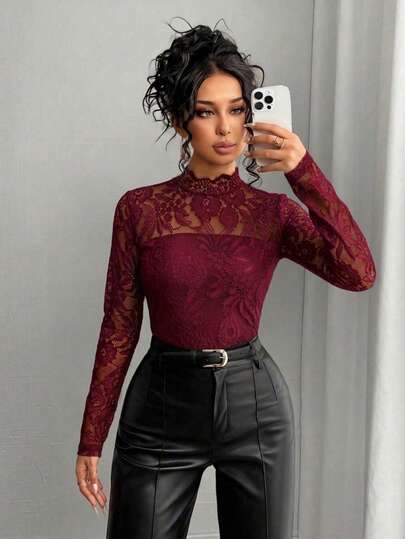 Rafferiza Women's Elegant Solid Color Lace Sheer Sexy T-Shirt
