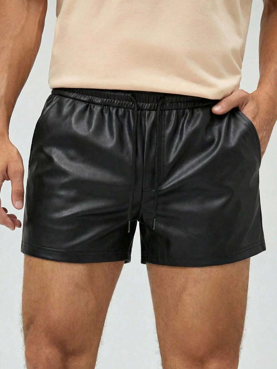 Manfinity VCAY Pantalones cortos casuales de hombre de unicolor con bolsillo y cordón en la cintura de piel sintética (PU)