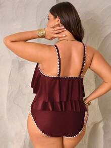 Swim Lushoire 2pcs Plus Size Women Green Spaghetti Strap Ruffle Trim Top & High Waist Ruffle Trim Pants Set, Summer Beach Holiday - Burgundy - View 2