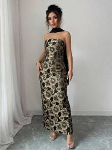 Elenzga Đầm nữ thanh lịch, lãng mạn màu hồng và vàng họa tiết hoa jacquard, không dây vai, thắt eo, dáng suông, có dây buộc cổ, thích hợp cho hẹn hò, mua sắm, lễ hội âm nhạc và nhiều dịp khác, đầm nữ xuân/hè, đầm mới nhất, đầm nữ dự tiệc, đầm nữ ấn tượng. - màu đen - Xem 7