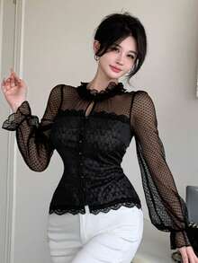 DAZY Top Preta Feminina de Poá em Tule Transparente com Recortes de Renda, Elegante para o Dia dos Namorados, Casamento, Festa, Ocasião Formal, Ajuste Slim em Tule Fino de Manga Longa, Adequada para Verão, Outono, Primavera - Preto - Visão 7