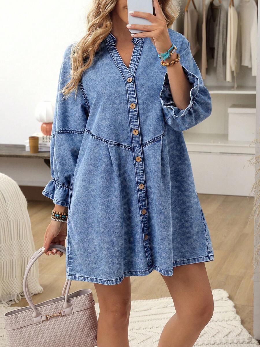 EMERY ROSE Plus Size Casual Front Button Denim Dress - Blue - View 1
