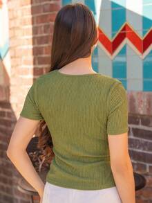 Andrea Bello New Arrival Women's Elegant Asymmetric Neckline 3D Rose Gold Button Decor Elastic Textured Short Sleeve T-Shirt, Spring/Summer Green Summer Top Women Tops Elegant Olive Green Top Green Top Women Army Green Top - Army Green - View 2