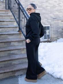 Melissa Matos 女式黑色休闲宽松连帽衫和运动裤两件套，保暖内衬，秋冬 - 黑色 - 查看 5