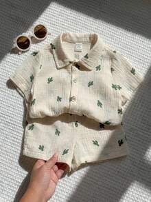 LMoss Kids Baby Boy Woven Cute Cactus Print Shirt Set, Casual & Comfortable Toddler Boy Linen Set Baby Textured Mandarin Collar Shirt And Solid Color Versatile Shorts Khaki Beach Baby Shirt Baby Boy Summer Shirts - White - View 6